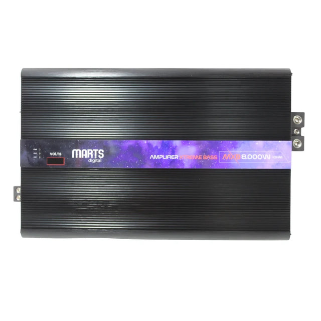 Digital class D amplifier with heat-sink fins and front branding label