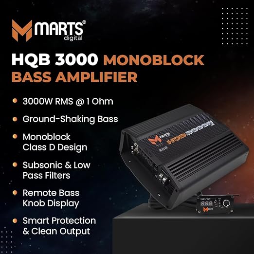 Black monoblock bass amplifier with cooling fins and front control display, angled view.