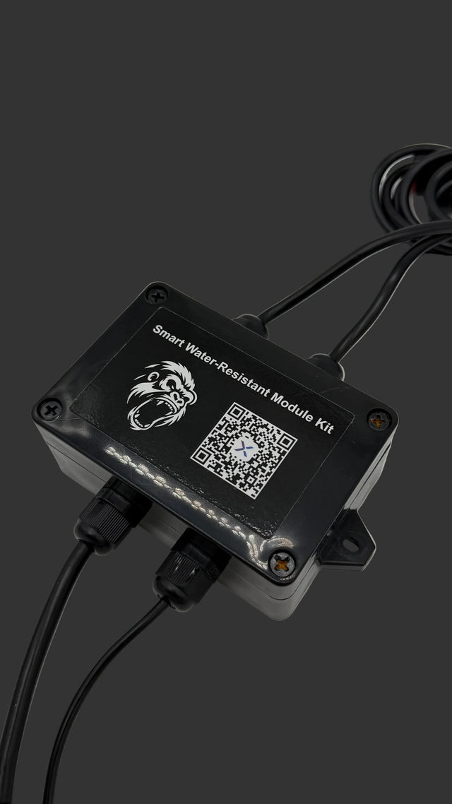 Water-resistant module kit box with QR label and black cable harness