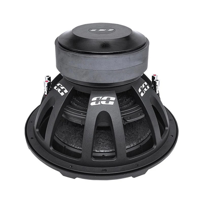 Black 15-inch subwoofer driver with top cap and speaker basket frame