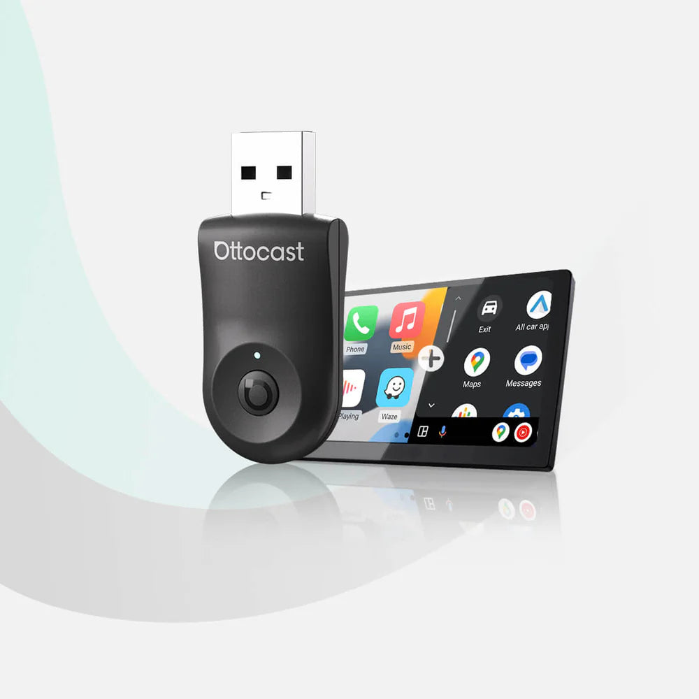 Otto Cast mini wireless adapter with black USB dongle and CarPlay-style home screen