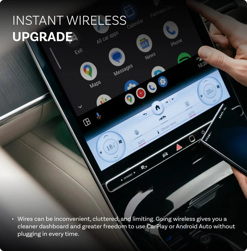 Otto Cast mini wireless adapter connected to car display showing app icons and phone