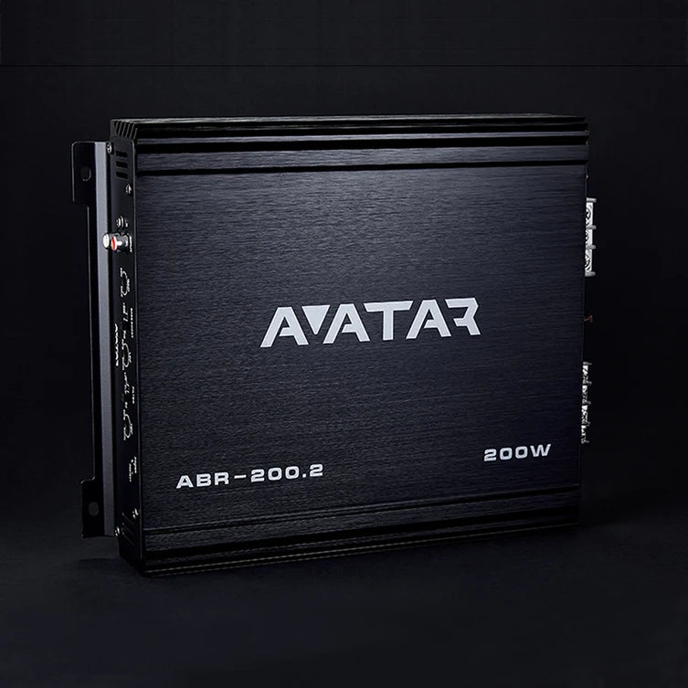Black 2-channel car amplifier with AVATARA logo, ABR-200.2 model marking, and 200W rating