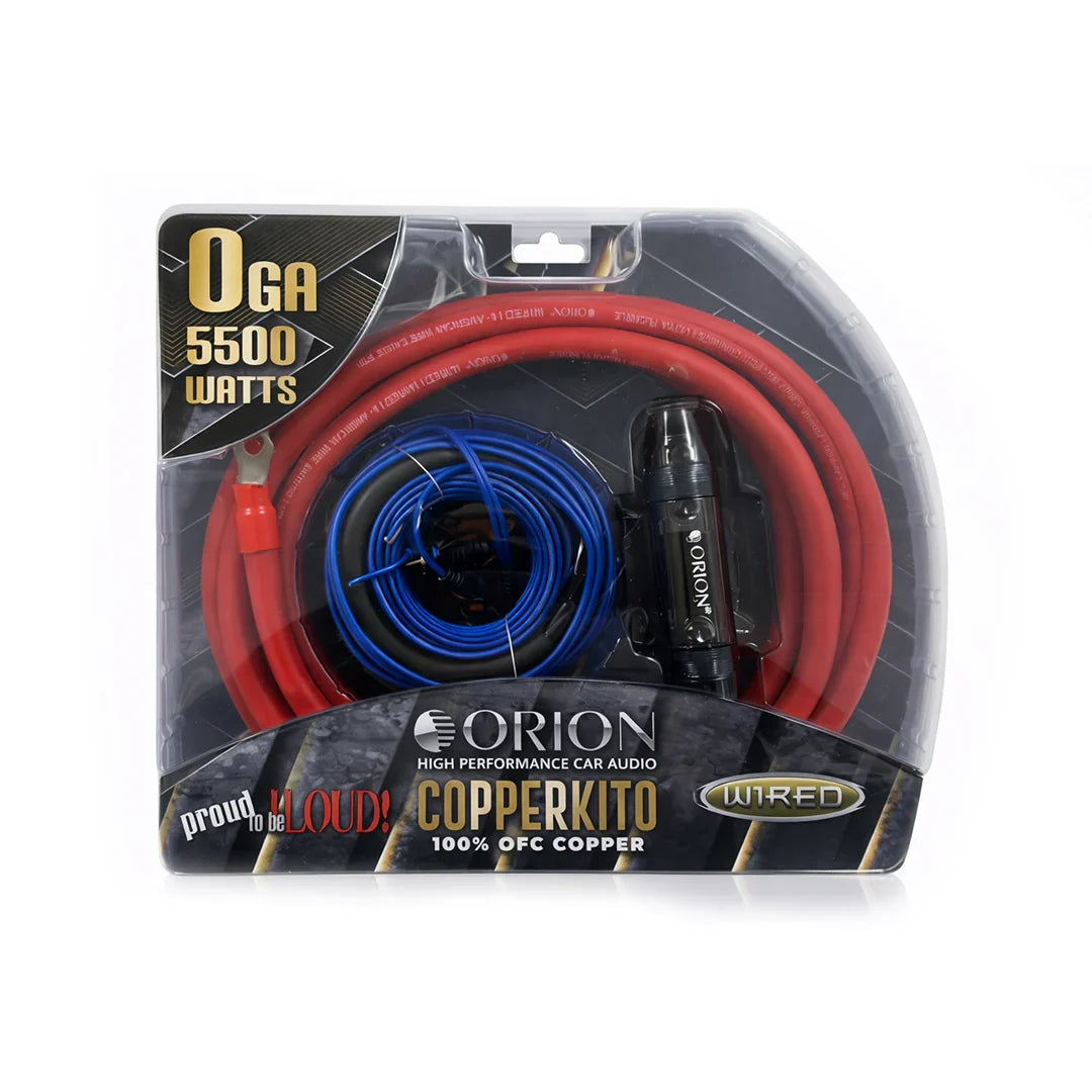 Amplifier wiring kit with red and blue OFC copper cables in retail box