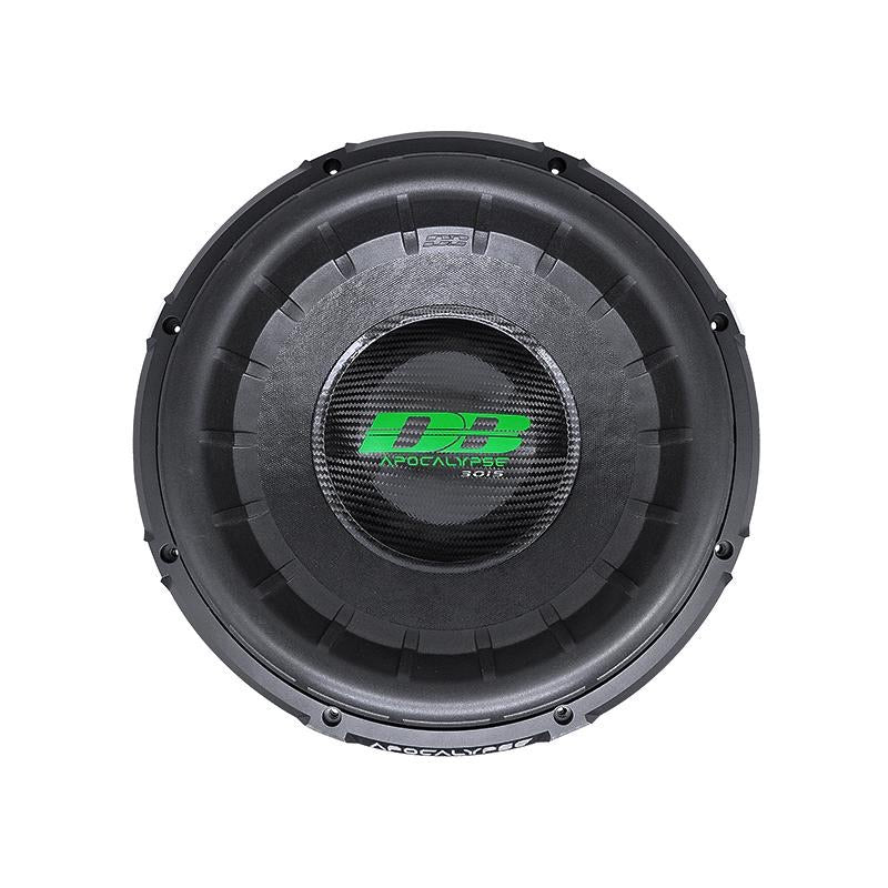 15-inch subwoofer magnet end with green logo and protective mesh cover