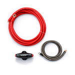 4-gauge amplifier wiring kit with red power cable, black ground cable, and fuse