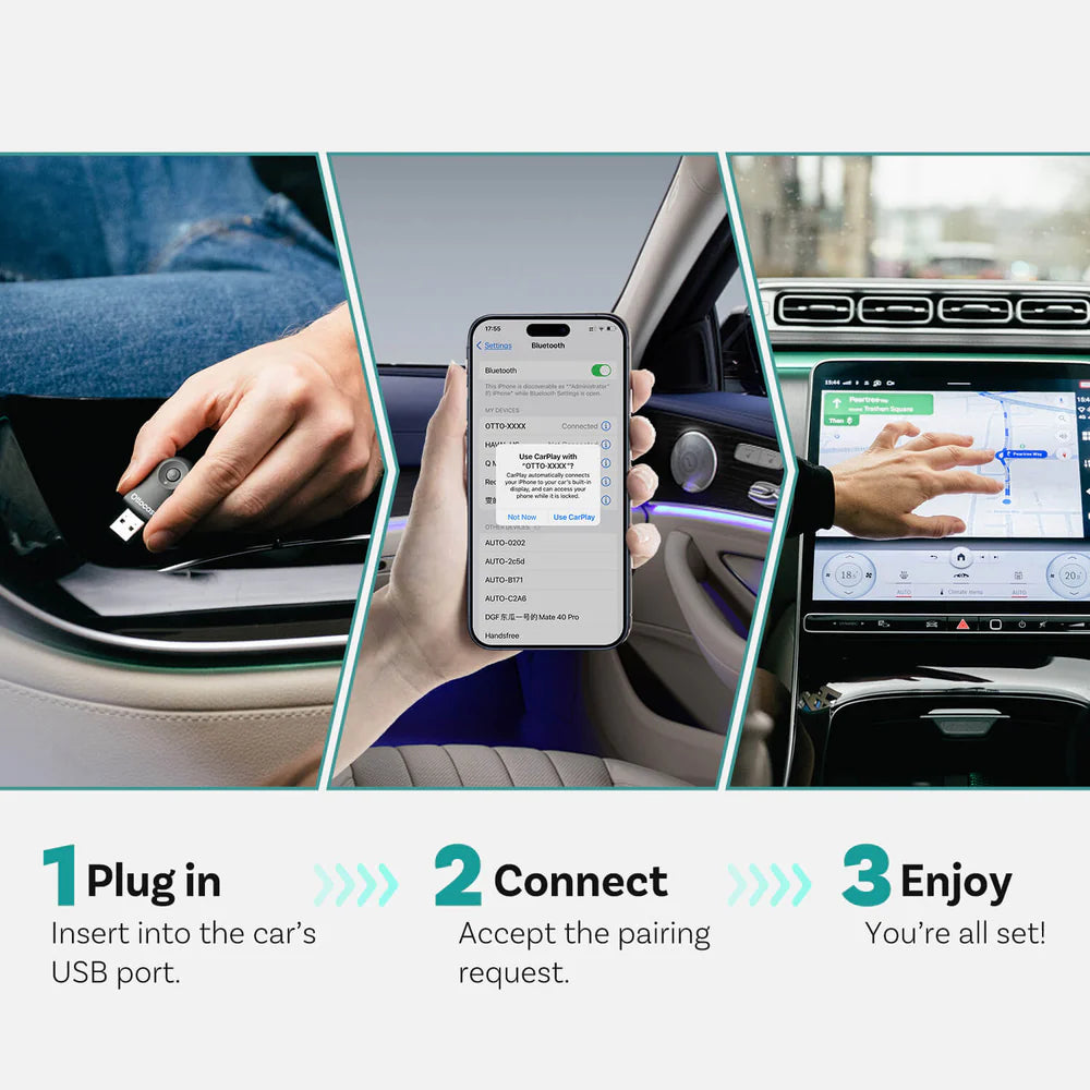 Otto Cast mini wireless adapter plugged into car USB, phone connected for CarPlay/Android Auto