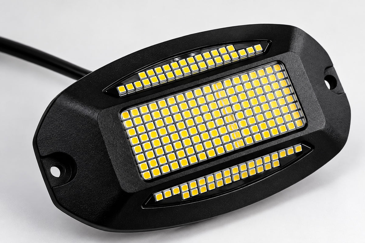 Black LED rock light with dual Pure White LED panels and side mounting holes