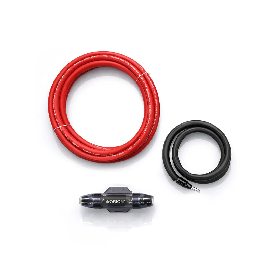 Amplifier wiring kit: red cable loop, black cable loop, and inline connector