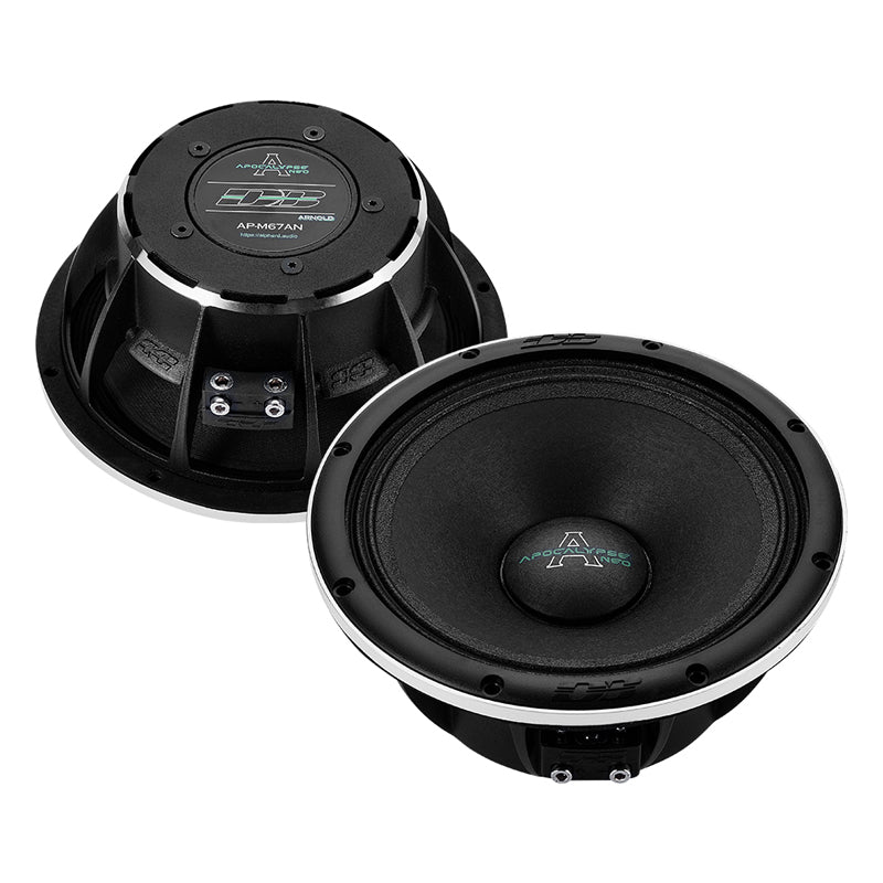 Black car audio woofer pair with one front cone and one rear magnet housing