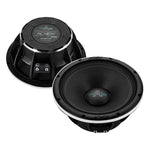 Pair of black car speakers with silver mounting rims and visible cones