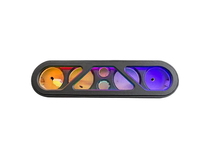 4-speaker rack with RGB LED beauty panel, dark frame with orange, purple and blue lights
