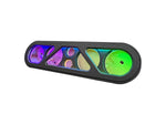 4-speaker rack with RGB LED beauty panel, dark frame with green and purple glowing speakers