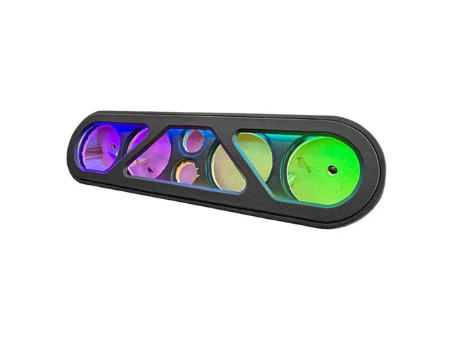 4-speaker rack with RGB LED beauty panel, dark frame with green and purple glowing speakers