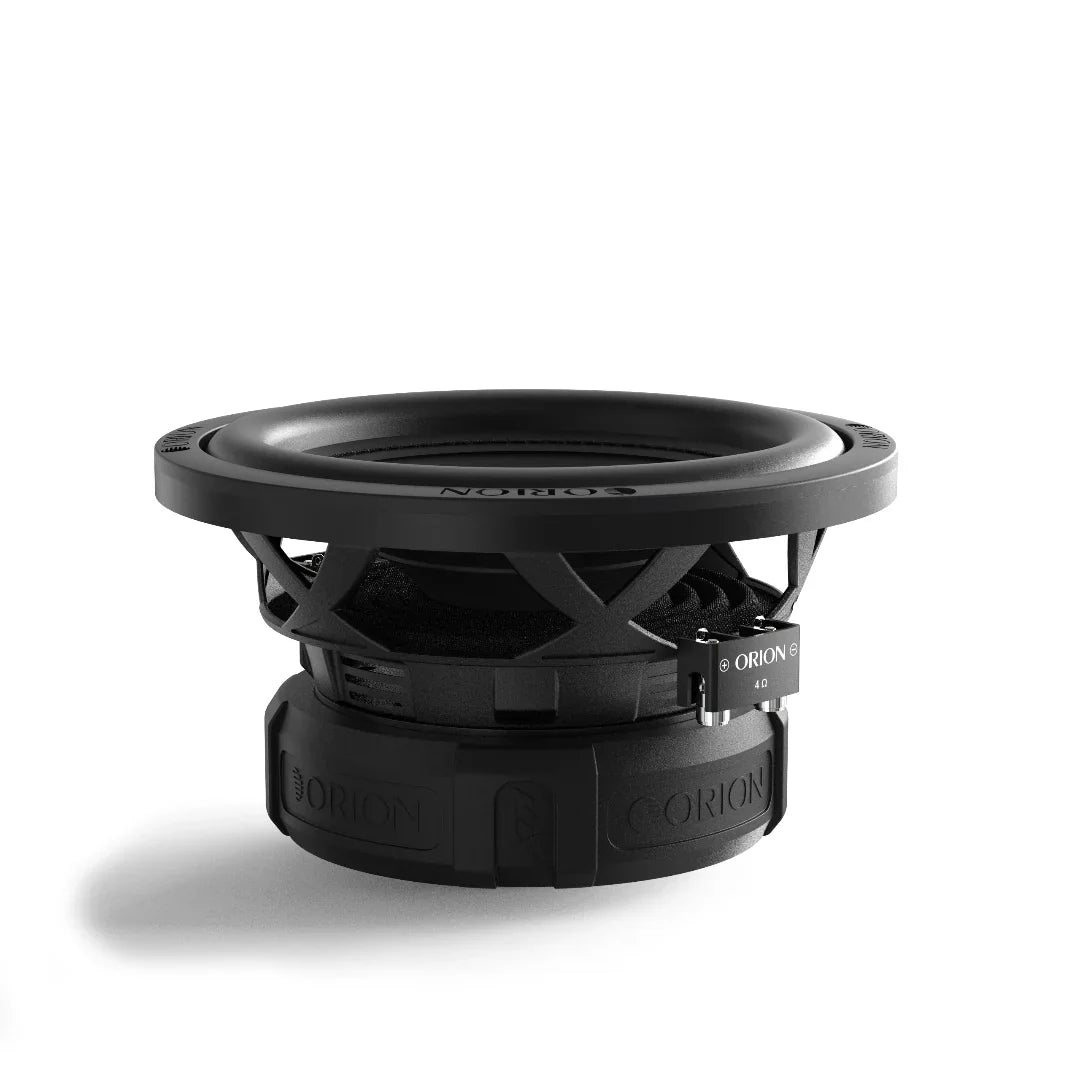 Side view of black 10-inch subwoofer with Orion label and vented cone