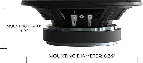 Speaker mounting dimension diagram: 2.17 in depth, 6.34 in diameter for Orion 8-inch