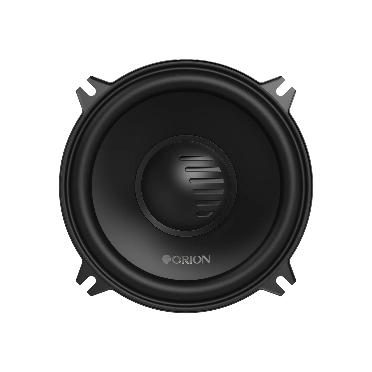 Black round car speaker woofer with Orion logo and vented center grille