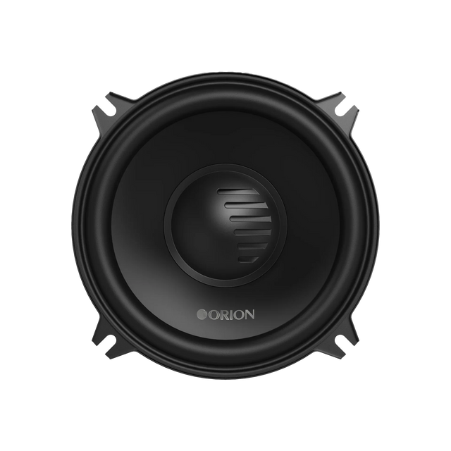 Black round car speaker woofer with Orion logo and vented center grille