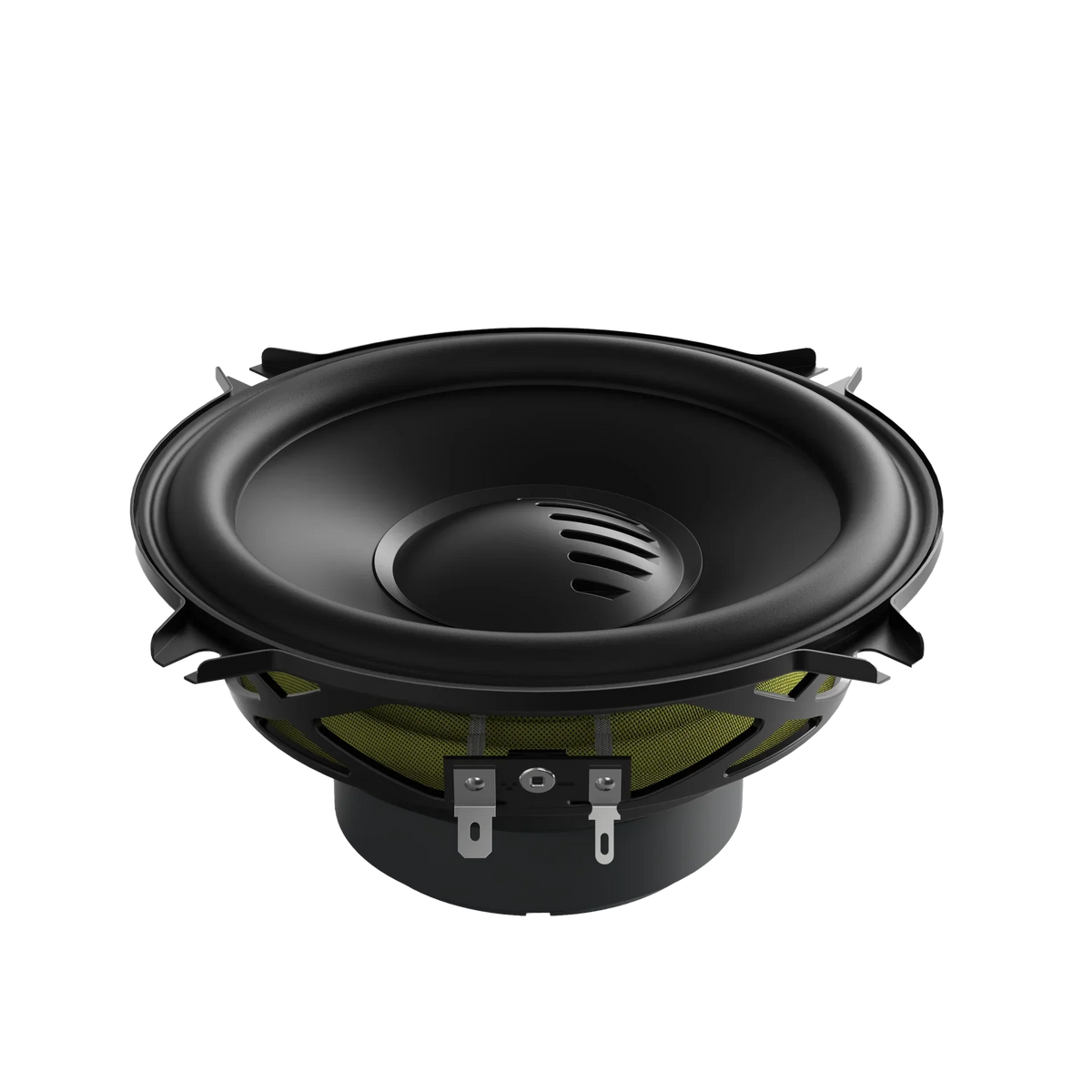 Black car audio woofer with top grille and visible mounting basket