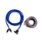 Amplifier wiring kit cables: blue pair leads and coiled copper ring bundle