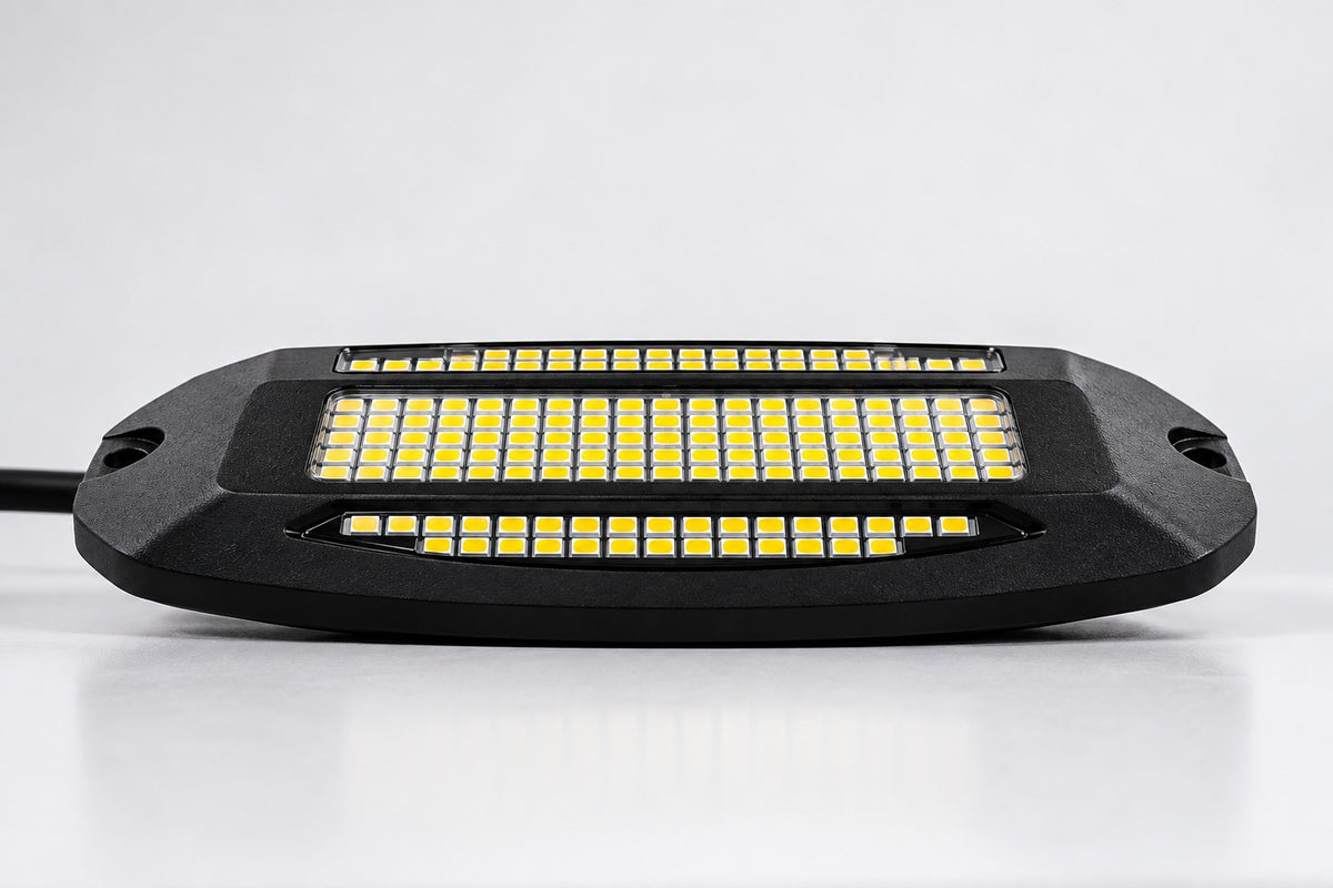 Black LED rock light with long Pure White LED panel and smaller LED strip, two mounts