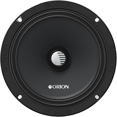 ORION slim midrange speaker front view, black cone with silver ORION logo