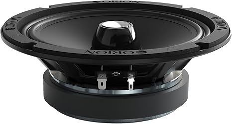 Orion black 8-inch shallow midrange speaker side view with terminals and magnet