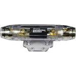 Audiopipe heavy-duty fuse holder for 0–4 gauge wires with clear housing and mounting bracket