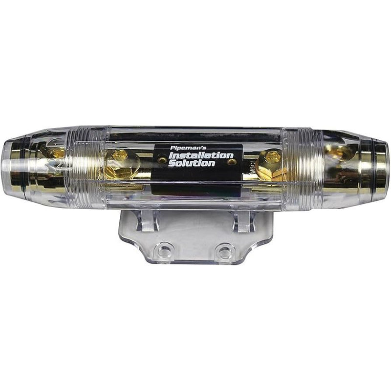 Audiopipe heavy-duty fuse holder for 0–4 gauge wires with clear housing and mounting bracket