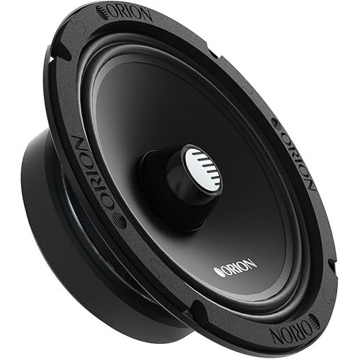 ORION slim midrange speaker angled view, black cone and silver dust cap