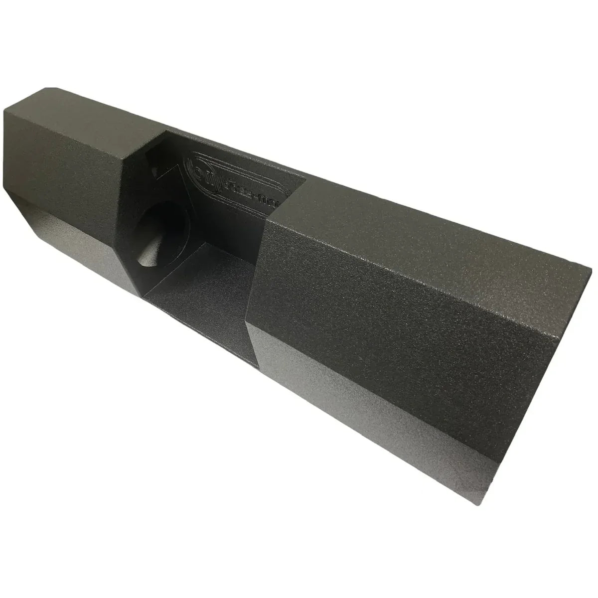 Single cab dual 8-inch subwoofer enclosure with central cutout, black.