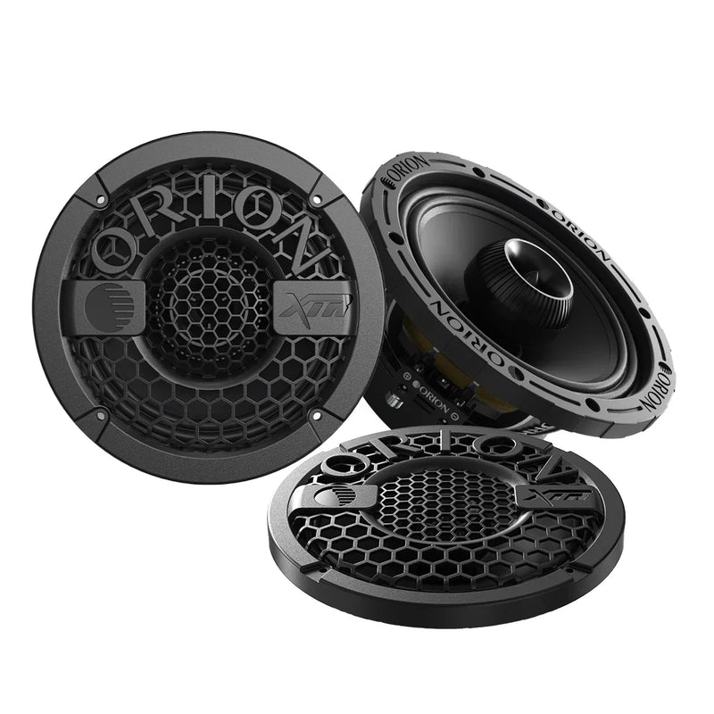 Black Orion XMT80.2 8 in coaxial midrange speaker, with grille and cone exposed