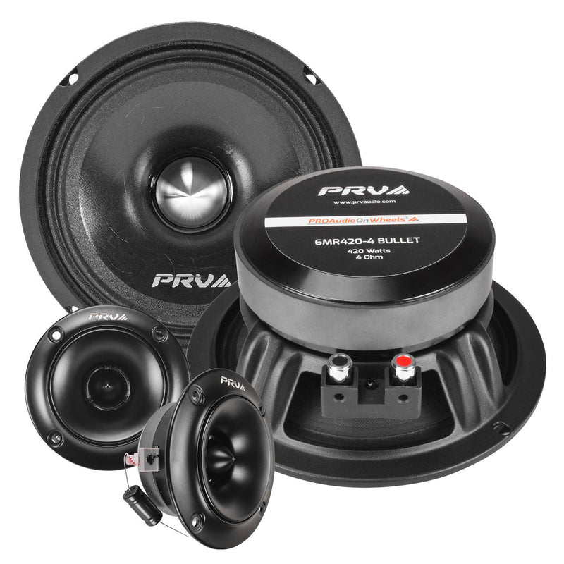 Black 6.5 inch midrange speaker with PRV logo and metal grille center dome
