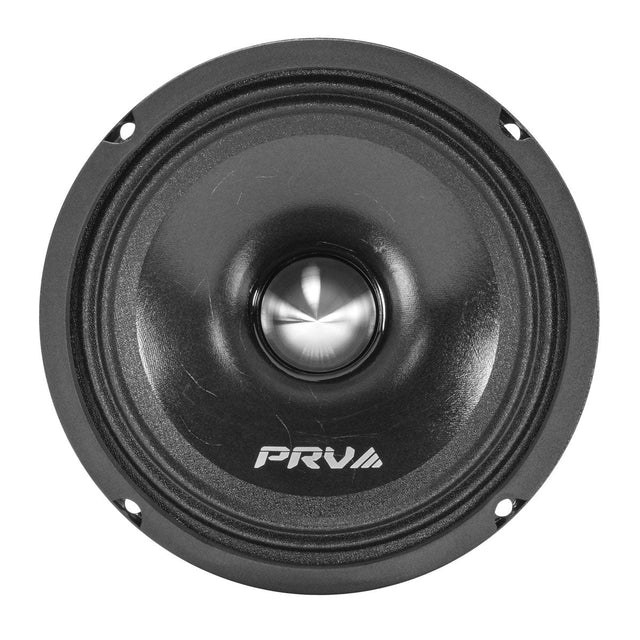 Black 6.5 inch midrange speaker cone and central dome with PRV logo