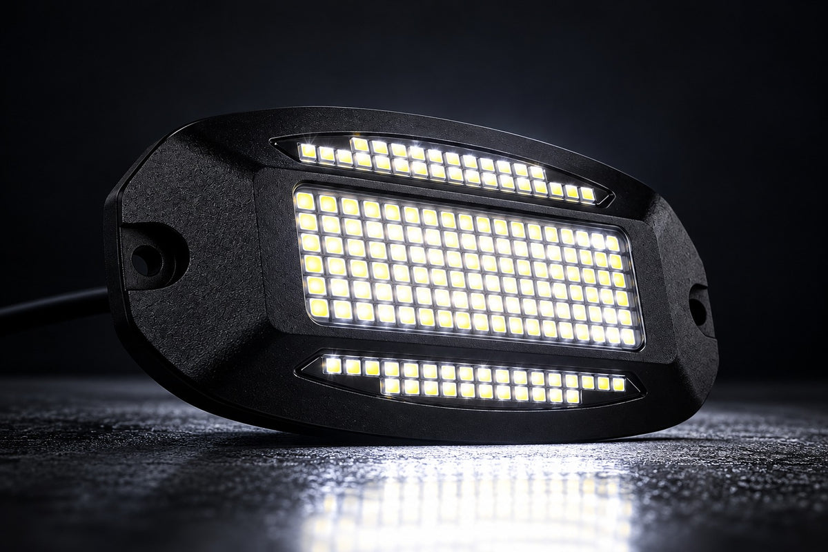 Black LED rock light with two rectangular Pure White LED arrays and mounting holes