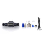 Amplifier wiring kit components: inline connector, terminal pieces, small fuses, wire ties