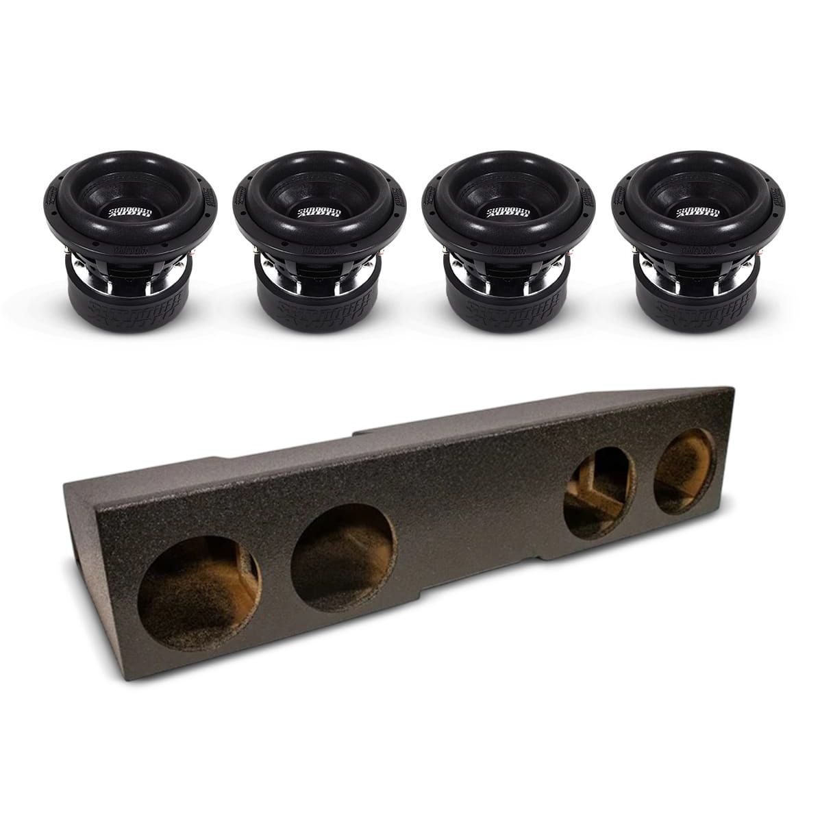 Quad 8-inch subwoofer enclosure box with four round speaker openings, dark finish.