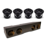 Quad 8-inch subwoofer enclosure box with four round speaker openings, dark finish.