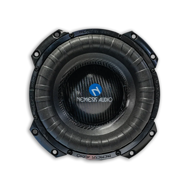 Dual 8-inch subwoofer driver with Nemesis Audio logo and textured black cone