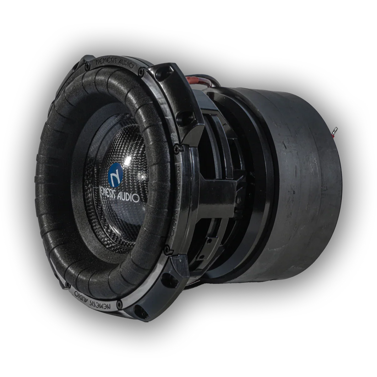 Dual 8-inch subwoofer driver with side view and vented basket