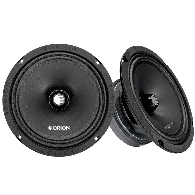 Orion 8-inch midrange speaker, black cone with front grille and central logo
