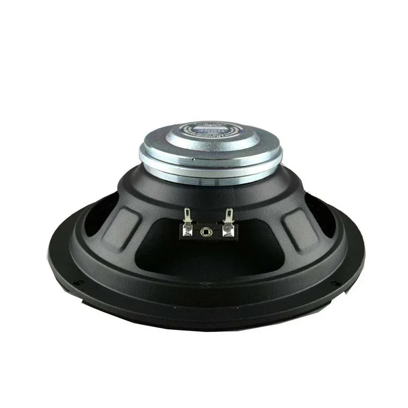 8-inch low-mid loudspeaker top view with black frame and metal terminals