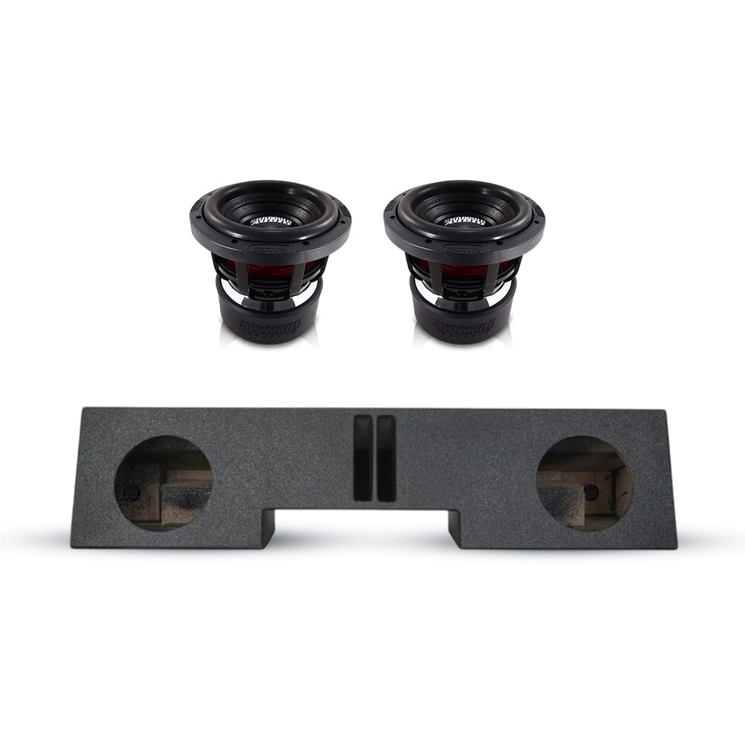 Dual 8-inch subwoofer box with two black drivers and circular cutouts