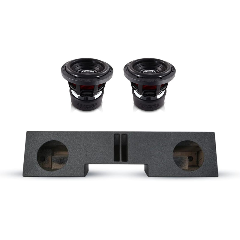 Dual 8-inch subwoofer box with two black drivers and circular cutouts