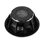 Black car audio woofer rear view with wiring terminals and mounting rim