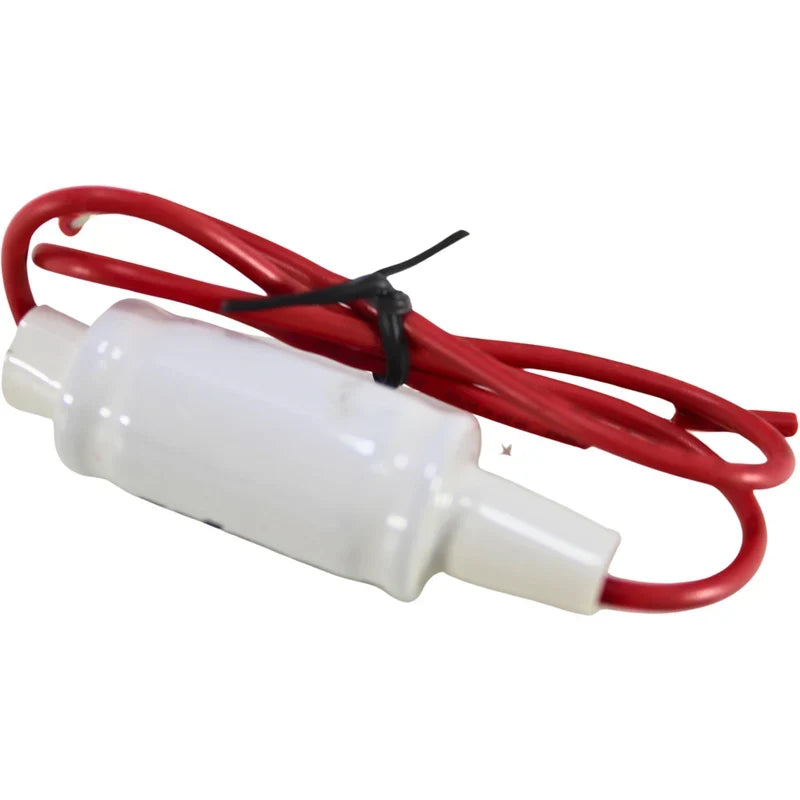 Audiopipe inline noise filter with white housing and bundled red wire leads
