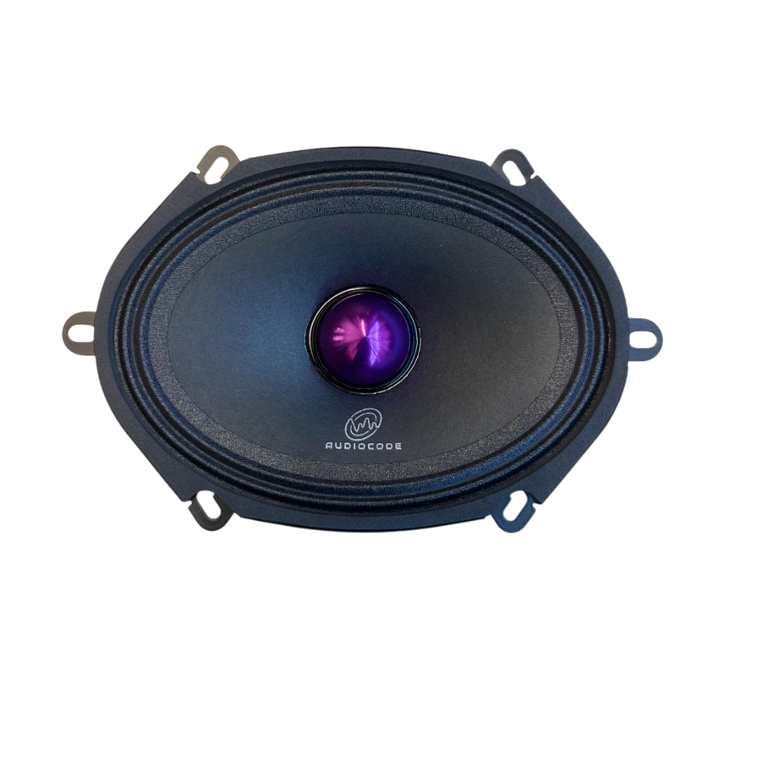 Black 5x7 midrange speaker with circular cone and mounting tabs