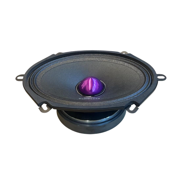 Black 5x7 midrange speaker with purple center dome and mounting tabs
