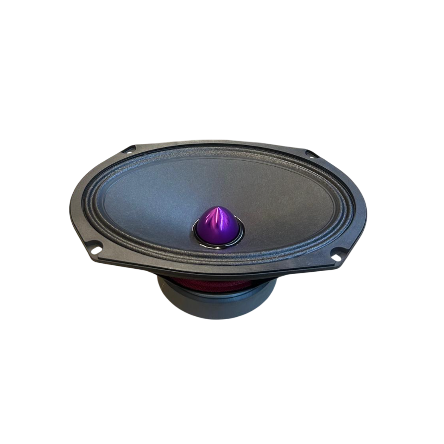 6x9 midrange speaker side view with blue cone and purple dome center
