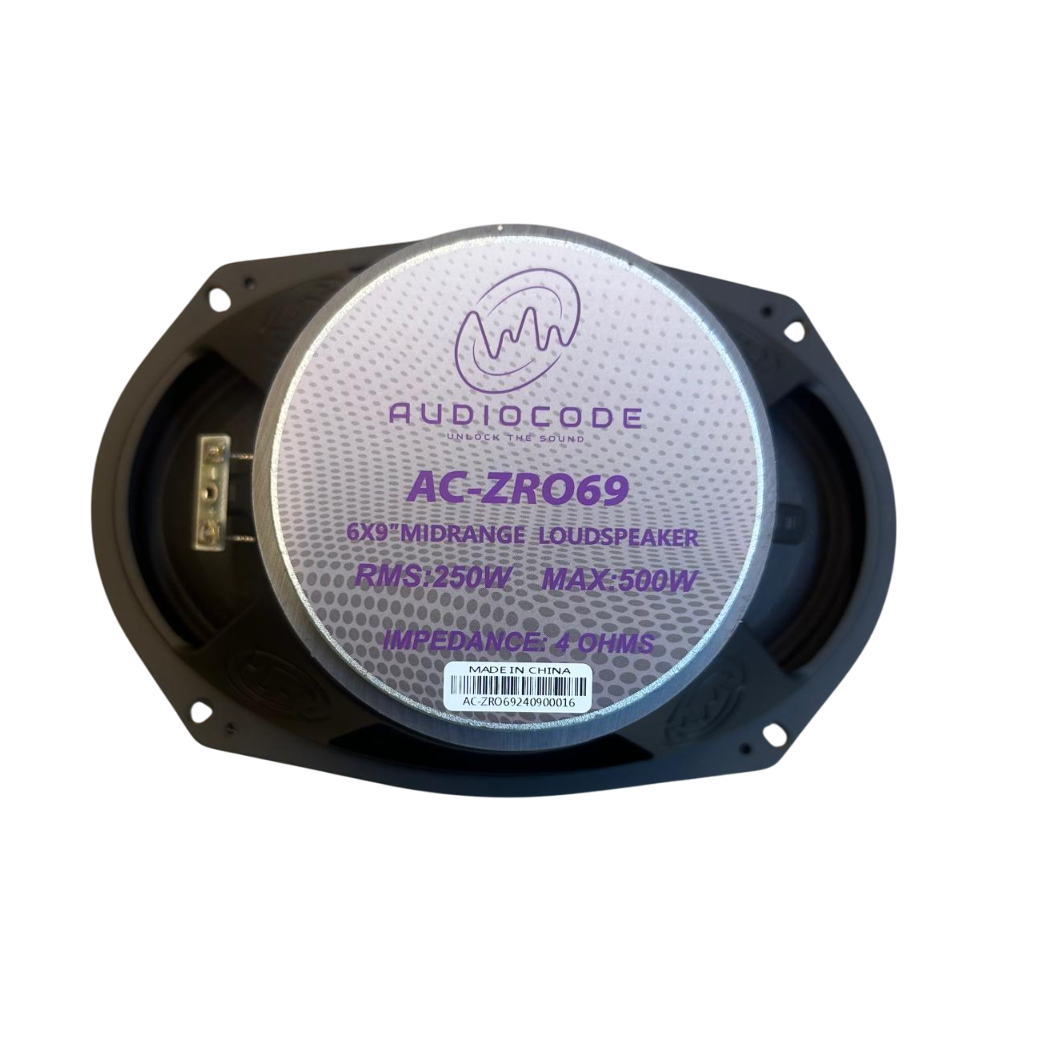 6x9 midrange speaker rear label with terminals and AC-ZRO69, 4 ohms info